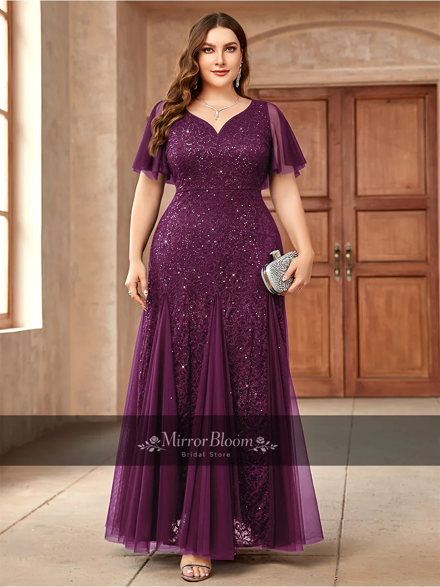 

Elegant Purple Sequin Chiffon Ankle Length Simple Dress Sequin Women V-Neck A-line Formal Evening Party Prom Gown Customized