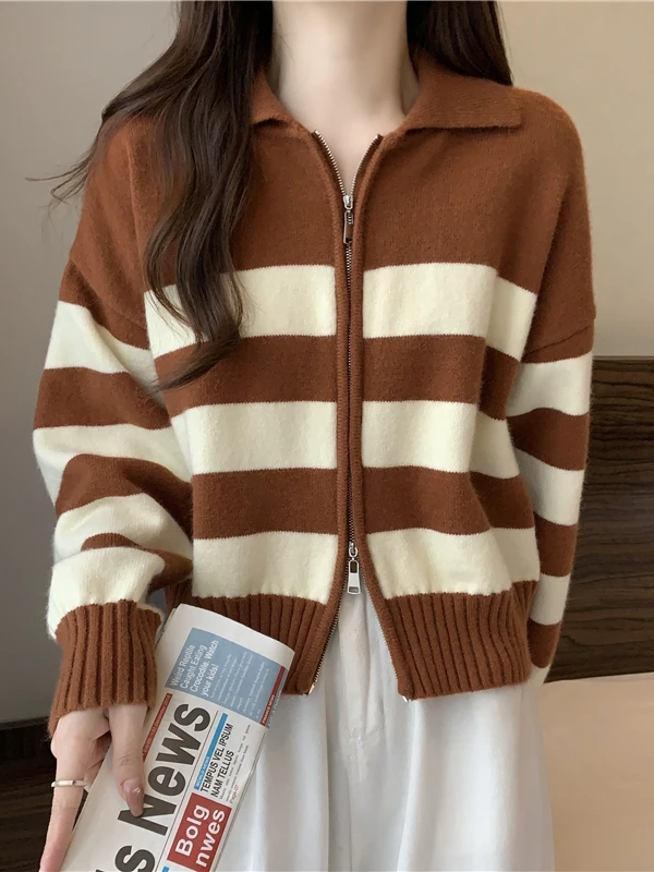 Jesienno-zimowy sweter damski z dzianiny, nowy kolor, paski, kołnierzyk, zamek błyskawiczny, długi rękaw, rozmiar mały, rozpinany kardigan.