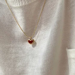 Personality Retro Red Enamel Heart Pendant Necklace for Women Temperament Gold Color Stainless Steel Chokers Jewelry Colorfast