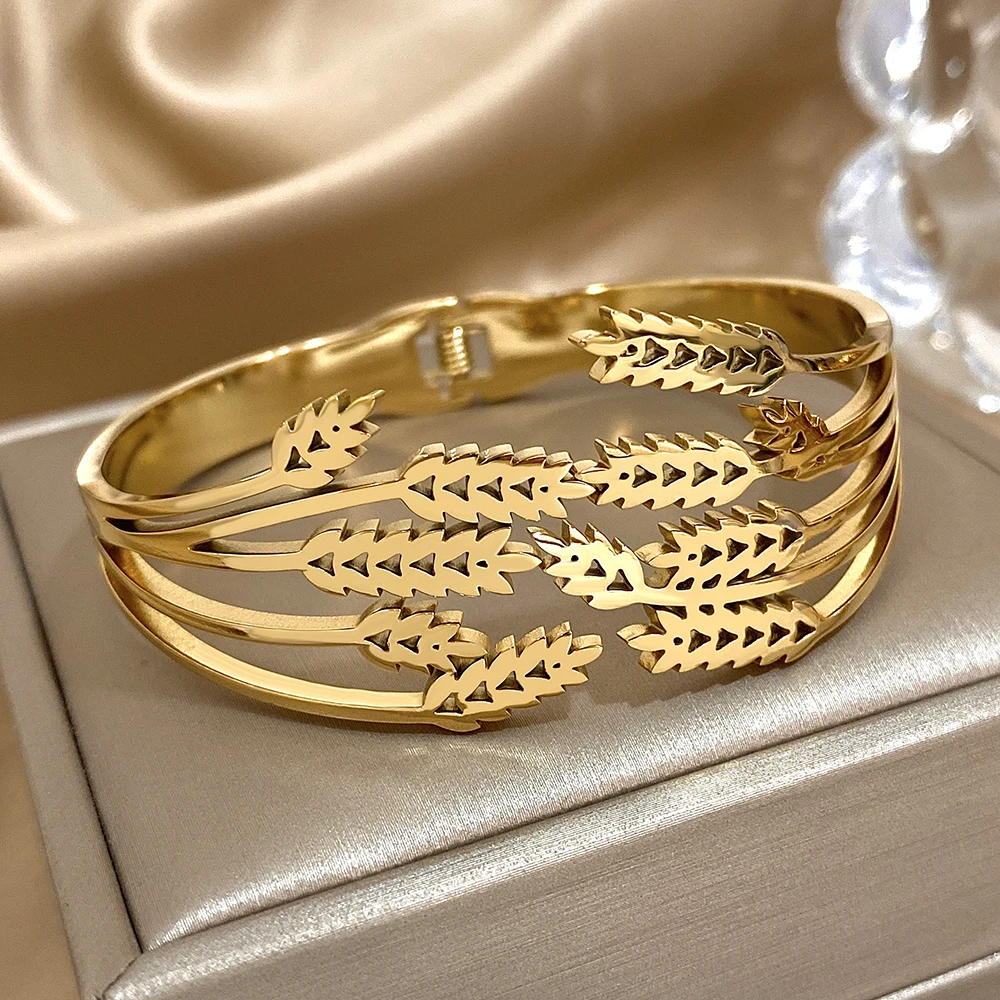 

Greatera Small Leaf Irregular Spring Opening Bracelet Gold/Sliver Color Hollow Design Light Luxury Popular Men Women's Jewelry