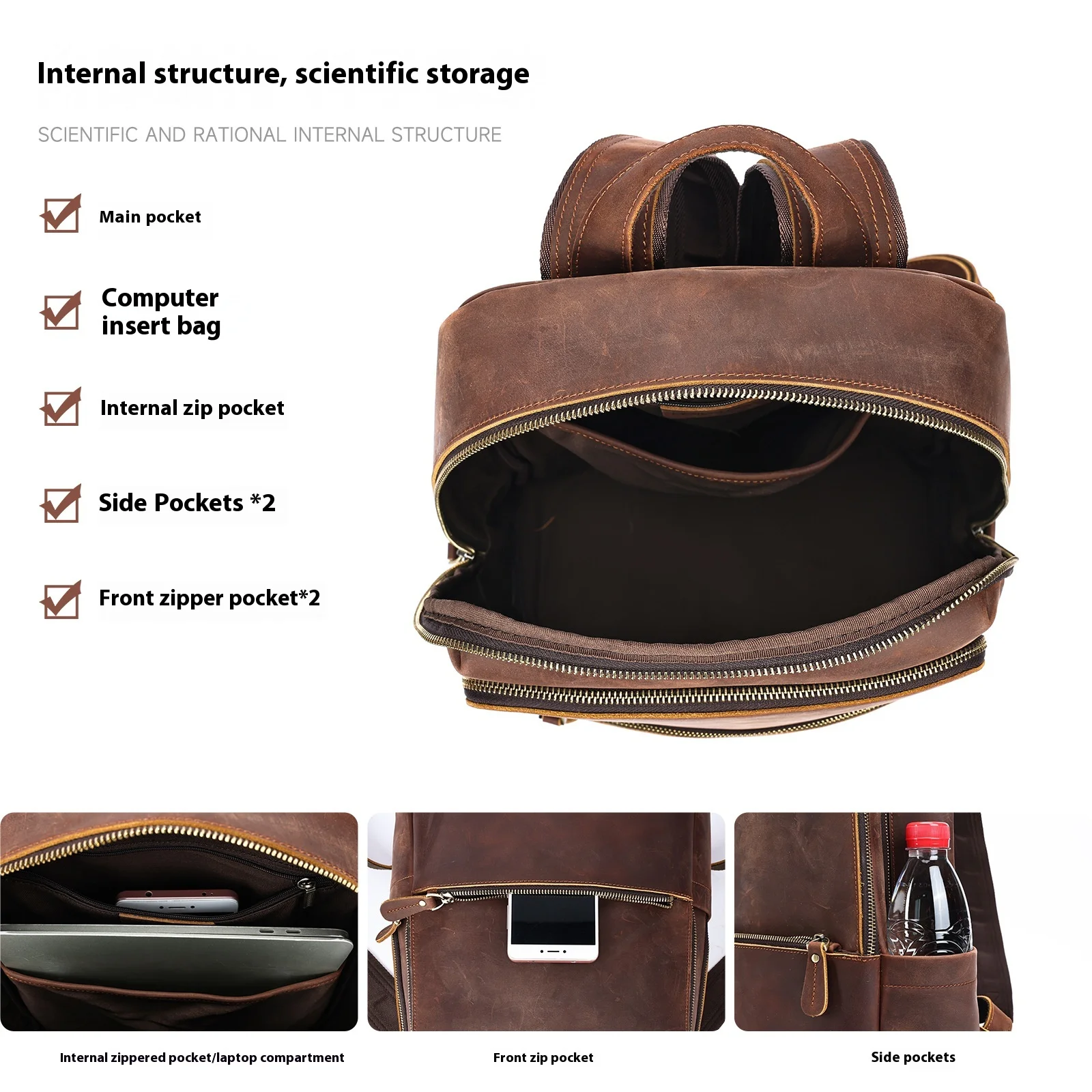 Lederrucksack für Herren – großer Rucksack im Vintage-Stil, lässige Laptoptasche für Arbeit, College, Reisen und den täglichen Gebrauch