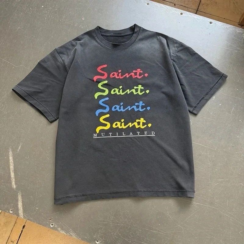Retro SAINT logo short sleeved T-shirt for men and women's street wear, fashionable and casual summer printed top