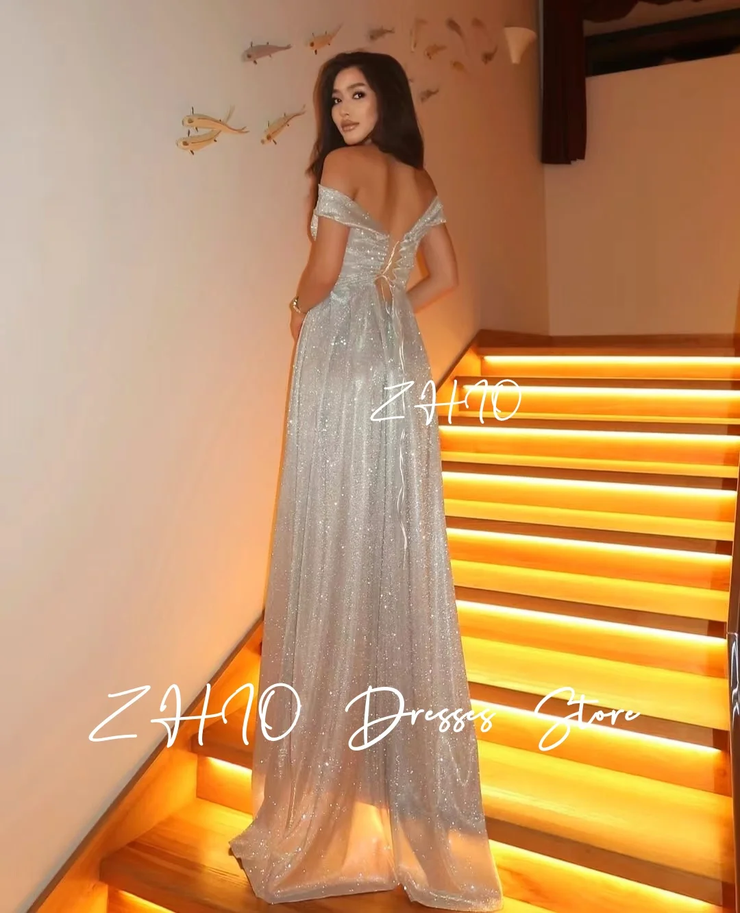 ZHIO Shiny Off Shoulder Evening Dresses Ivory A-Line Sweep Train Satin Formal Occasion Gown Birthday Party Dress Customized