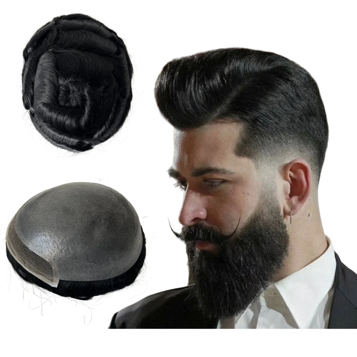 

Замена европейских натуральных человеческих волос # 1 темно-черный цвет БИО-парик из искусственной кожи с передним кружевным блоком для белых мужчин