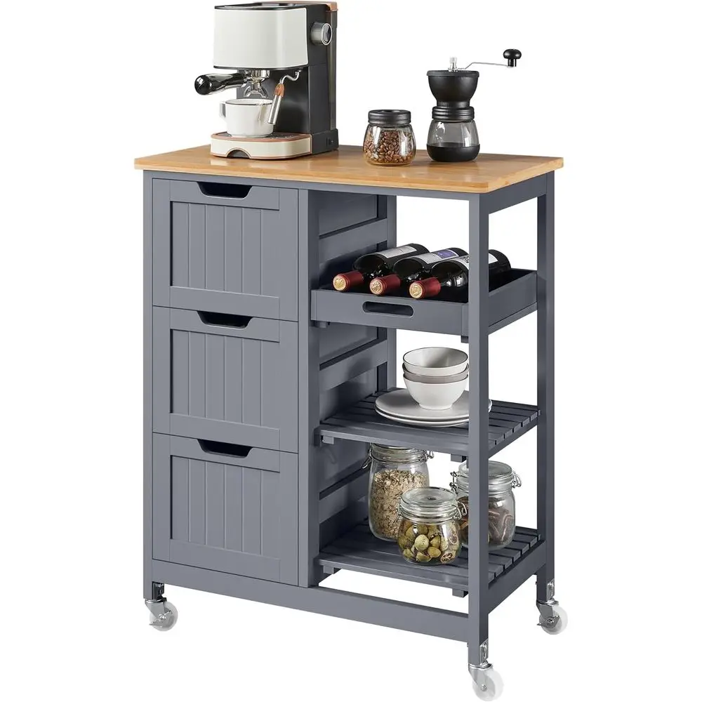 Kitchen Island Cart on Wheels, Rolling Storage Cart with Bamboo Countertop, 3 Ders, 3 Removable Shelves & Lockable Casters or Di