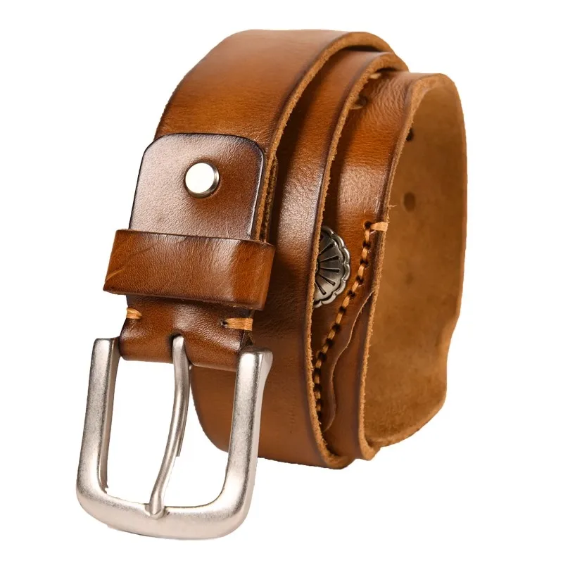 New Product Designer Genuine Leather Men\'s Pleated Belt USA Western Retro Denim Style Leather Personality Cowboy Pin Buckle Belt