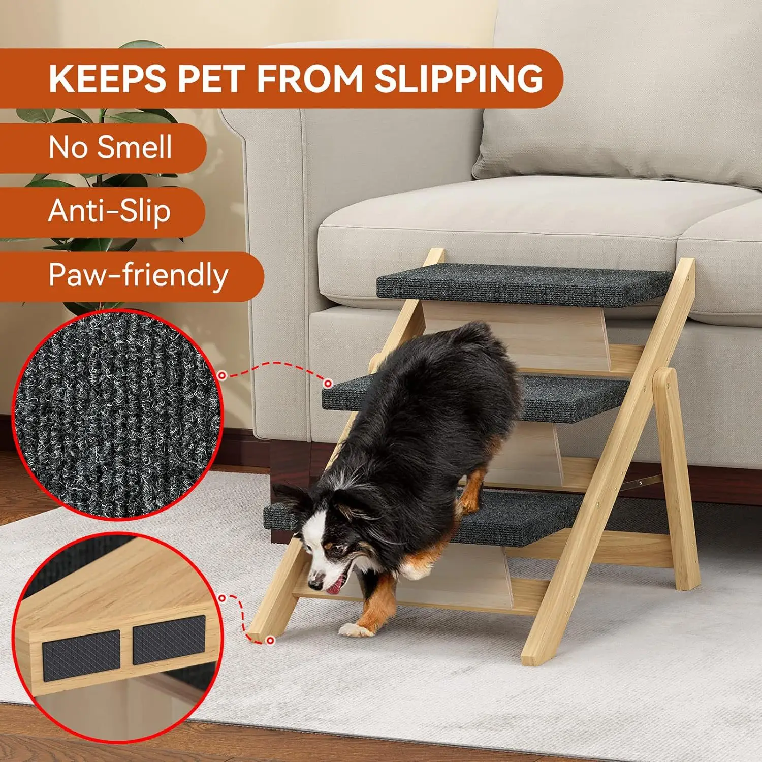 Dog Stair Foldable Dogs Ramp Stair 3 Layer Wooden Cat Climbing Ladder Indoor Outdoor Dog Toys Non-slip Pet Dog Steps Stair