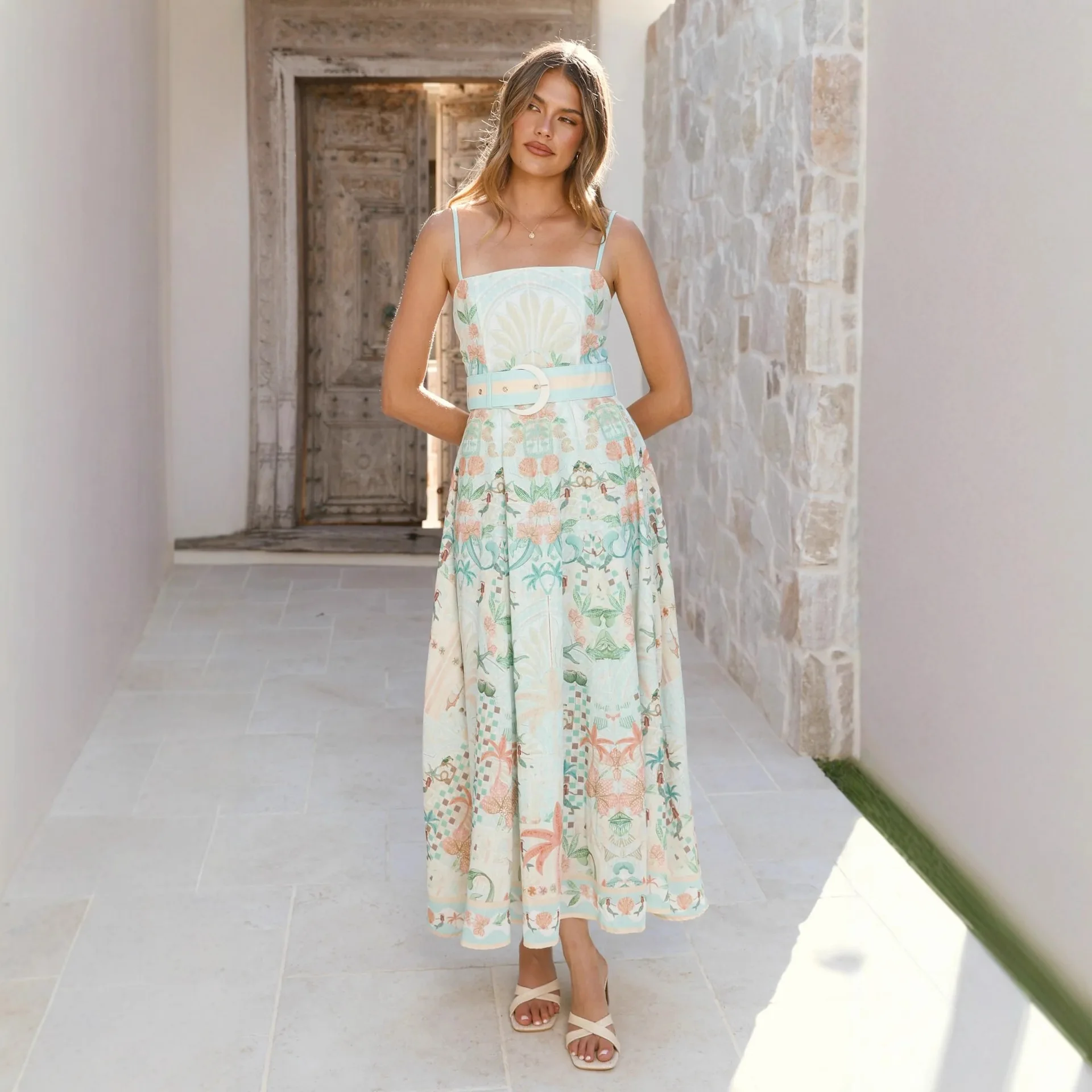 

2026 European and American new style big swing fashion trend sexy women's suspender floral dress