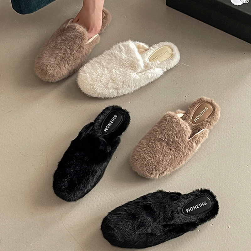 

Autumn Winter Faux Fur Mules Slippers Slip-On Round Toe Warm Cozy Indoor Outdoor Slipper Casual Flat Bottom Women Slides Shoes