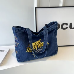 New Denim Shoulder Bag for Women Large Capacity Embroidered Tote Bag Retro Fashion Handbag Aesthetic Hobo Bag Girls Shopper Bag