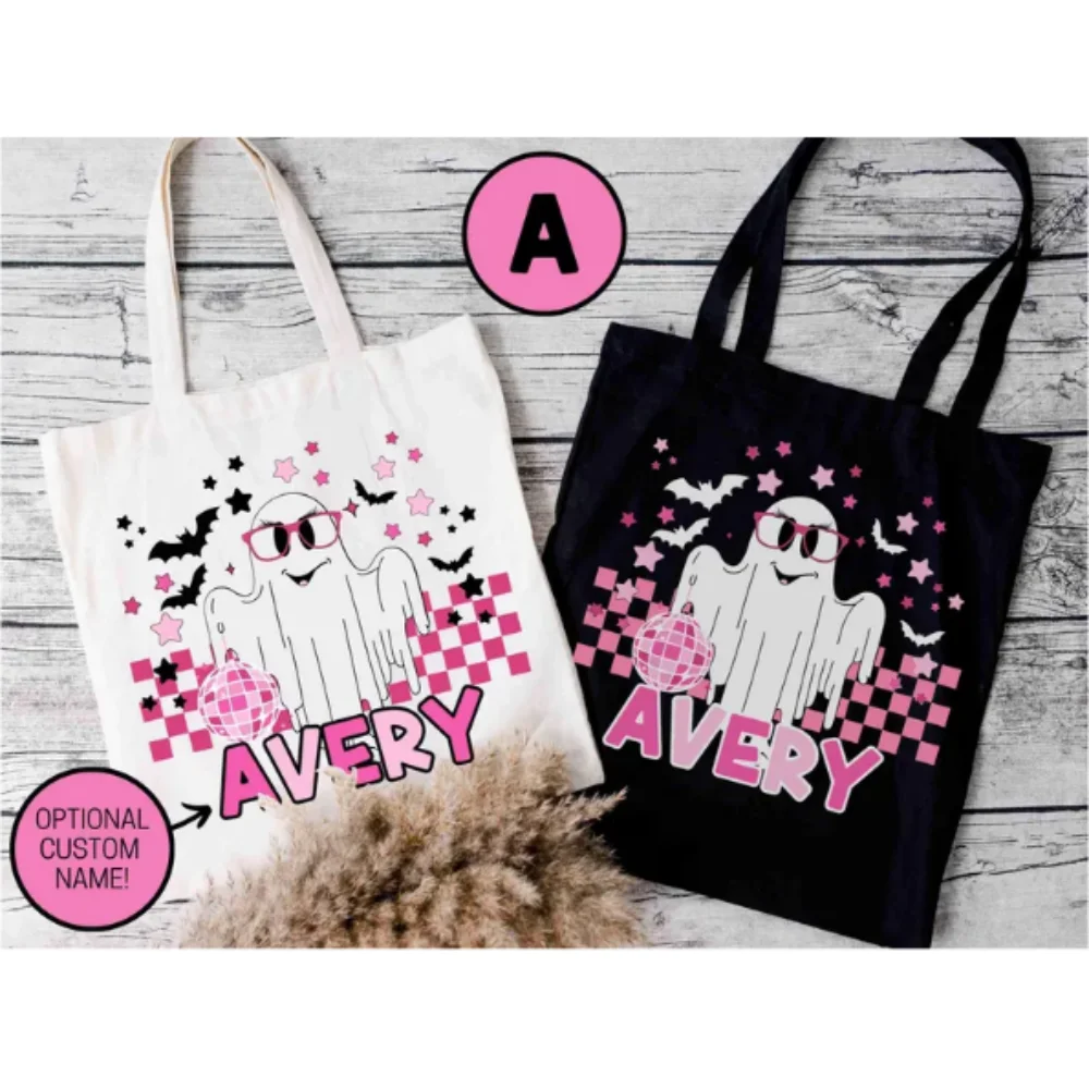 حقيبة خدعة أو حلوى مخصصة مع شبح وردي لطيف، هدية مخصصة للهالوين، حقيبة الهالوين للأطفال خدعة اسم مخصص