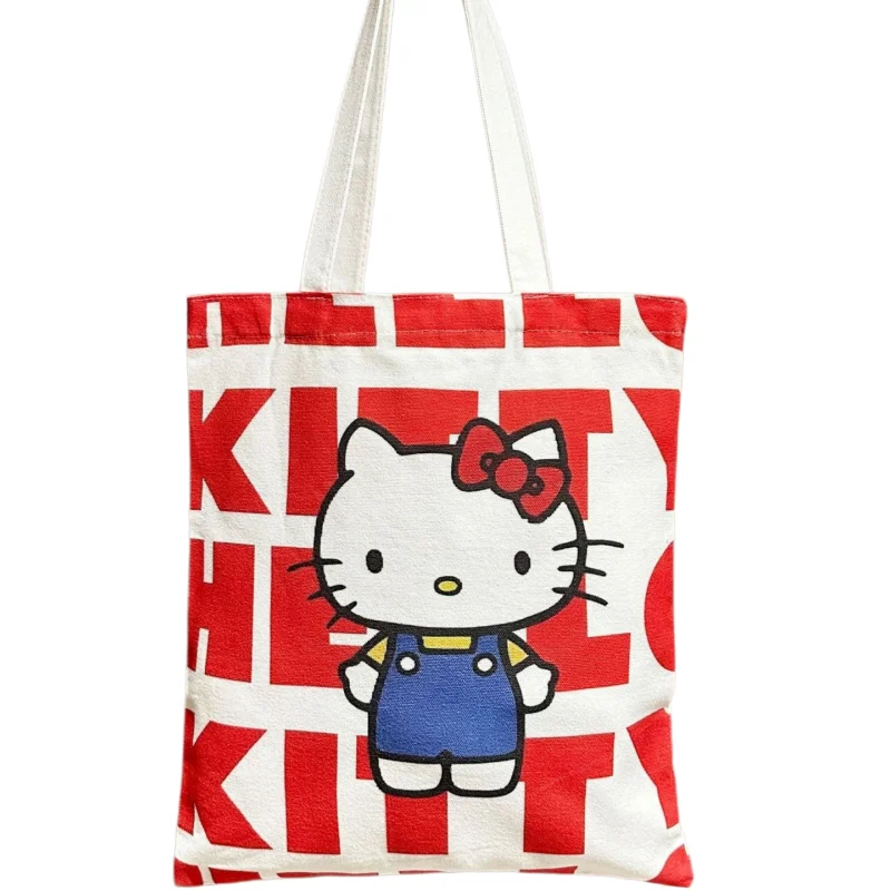 

Sanrio Kawaii Hello Kitty Canvas Shoulder Bags Kt Cat Ladies Casual Handbag Reusable Girl Large Capacity Shopping Women Bag Gift