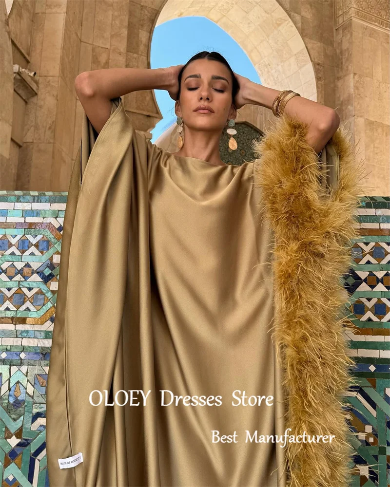 OLOEY-Robe de Soirée en Satin pour Femme, Tenue de Bal Luxueuse, Plumes, Marron, InjSatin, Droite, Encolure Rond, Dubaï, Arabe, Quelle qu'en VincFormelle