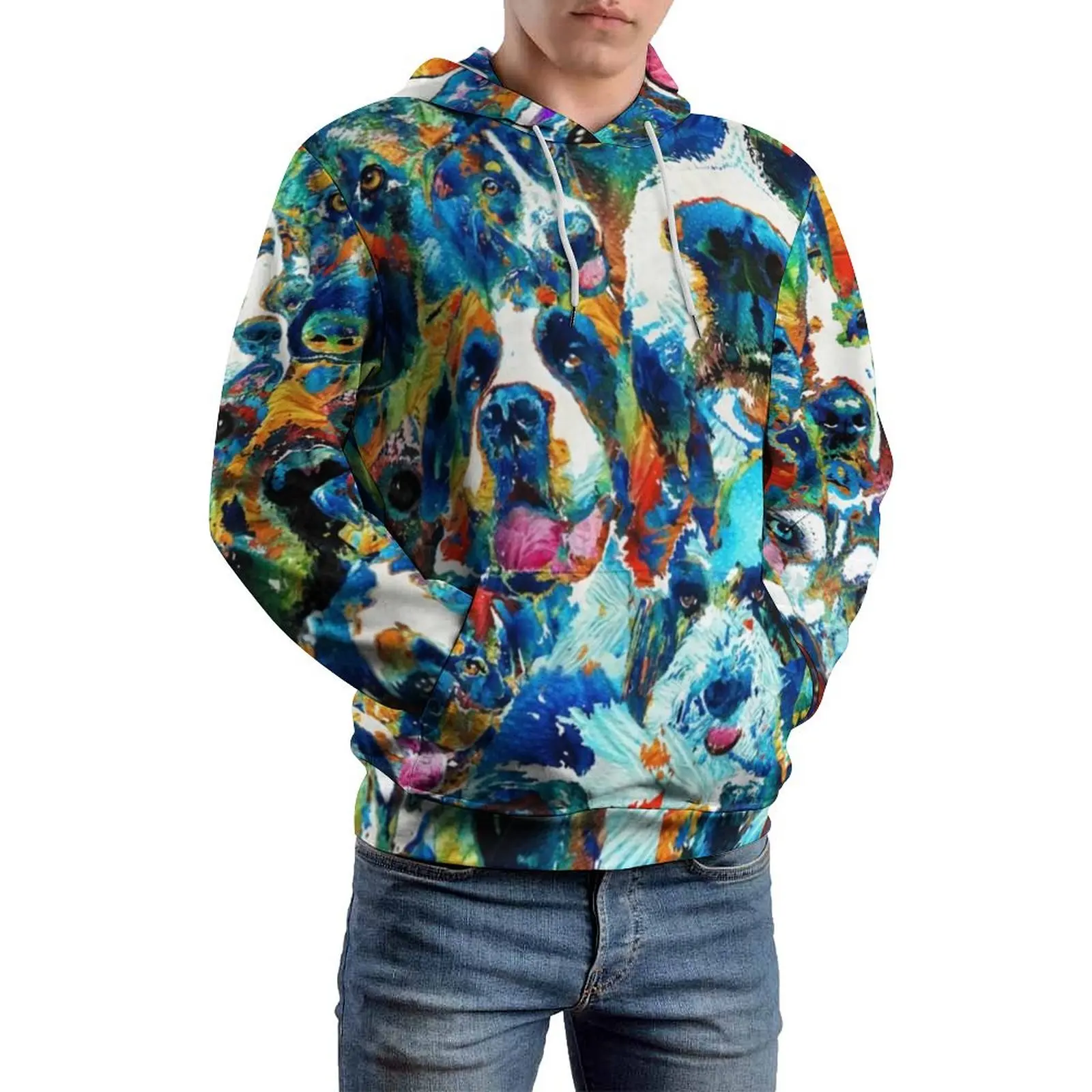 Dog Lovers Delight Casual Hoodies Colorful Animal Abstract Design Loose Hoodie Male Long-Sleeve Hip Hop Sweatshirts Plus Size