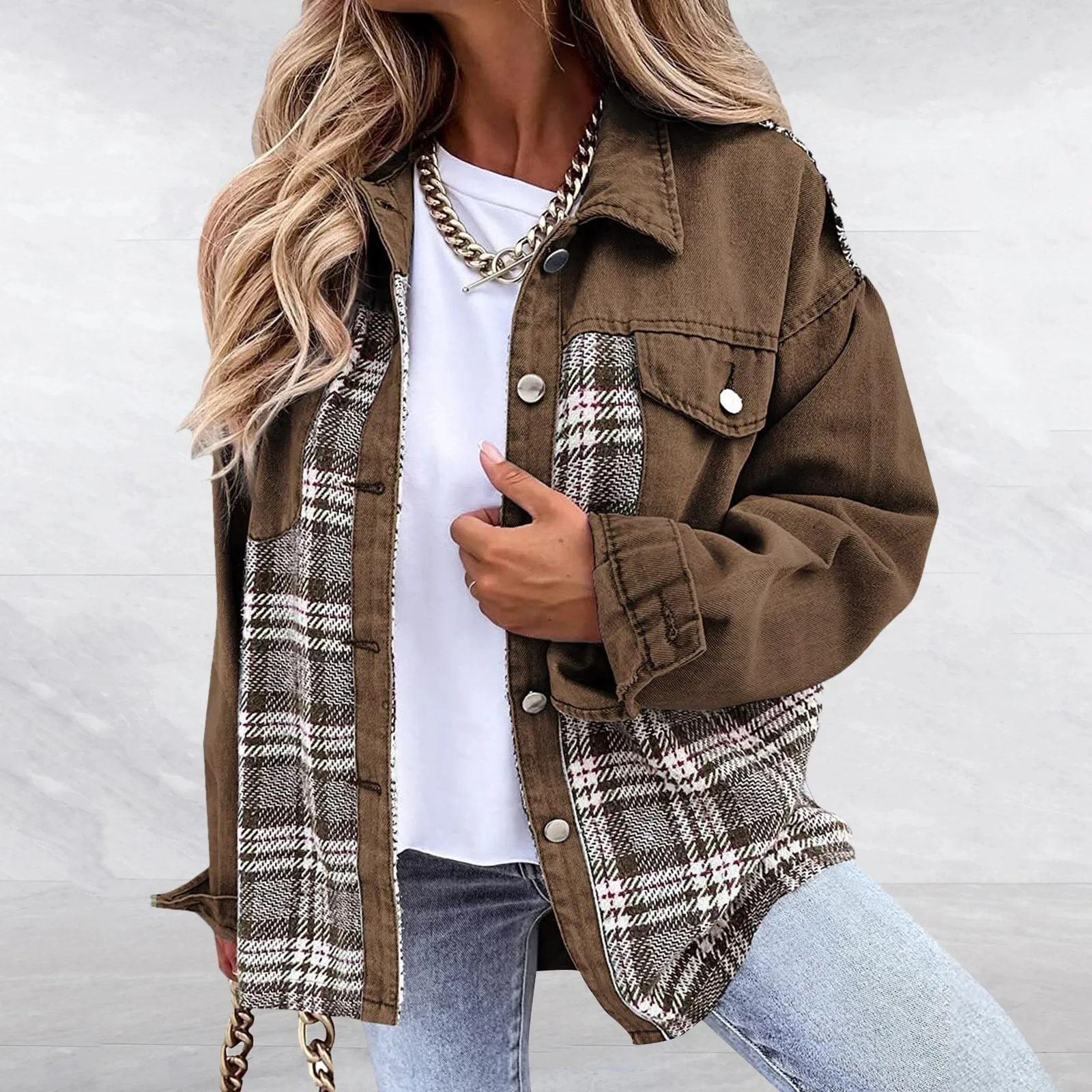 Fashion Casual kurtka w kratę damskie jesienne i zimowe luźny dżins Plaid Fashion bluza z długim rękawem duże rozmiary damskie płaszcze casualowe