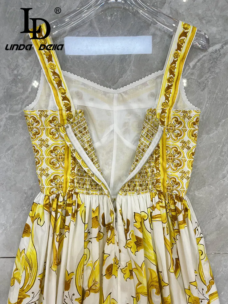 LD LINDA DELLA Fashion Designer Summer Dress Women Vintage Print Guipure Ruched Spaghetti Strap Temperament Elastic Waist Dress