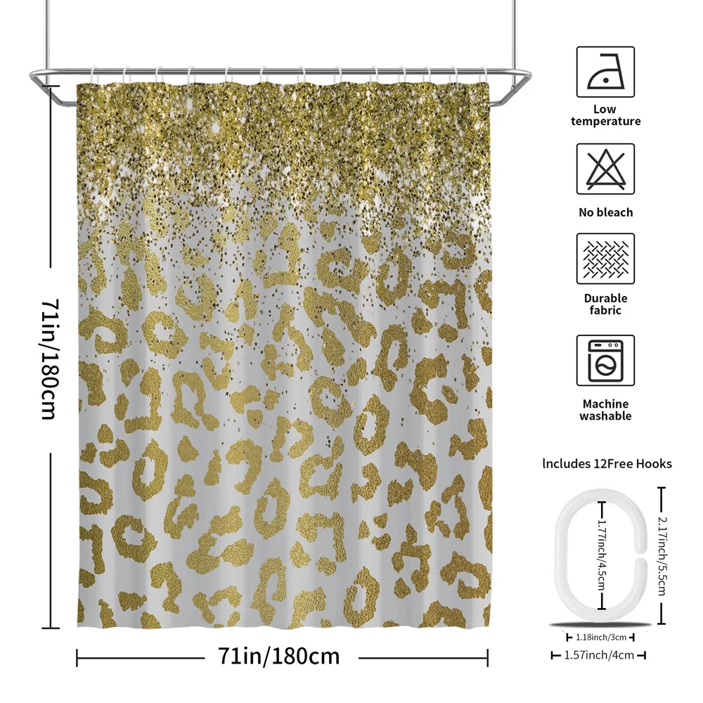 1PC, sprinkle gold leopard print, modern home bathroom waterproof shower curtain, with 12 plastic hooks, 71in*71in