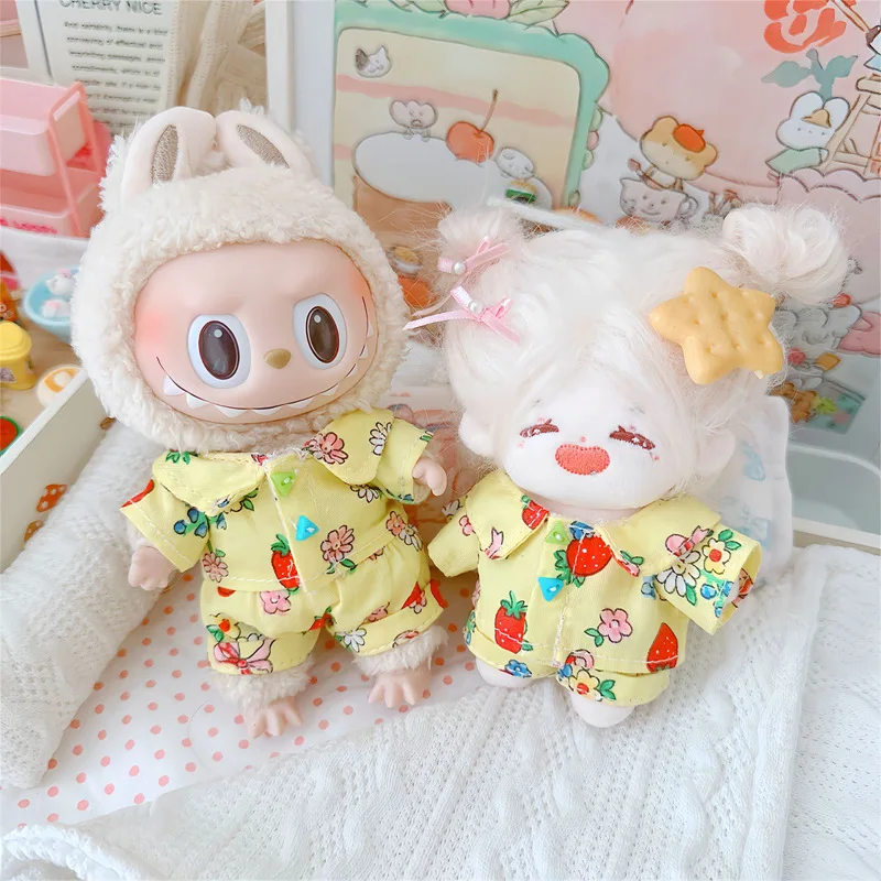 1pc 17cm Labubu Clothes Cute Mini Plush Doll'S Outfit Accessories Jumpsuit Tops And Pants Hat For Labubu Dolls Fans Kids Gift