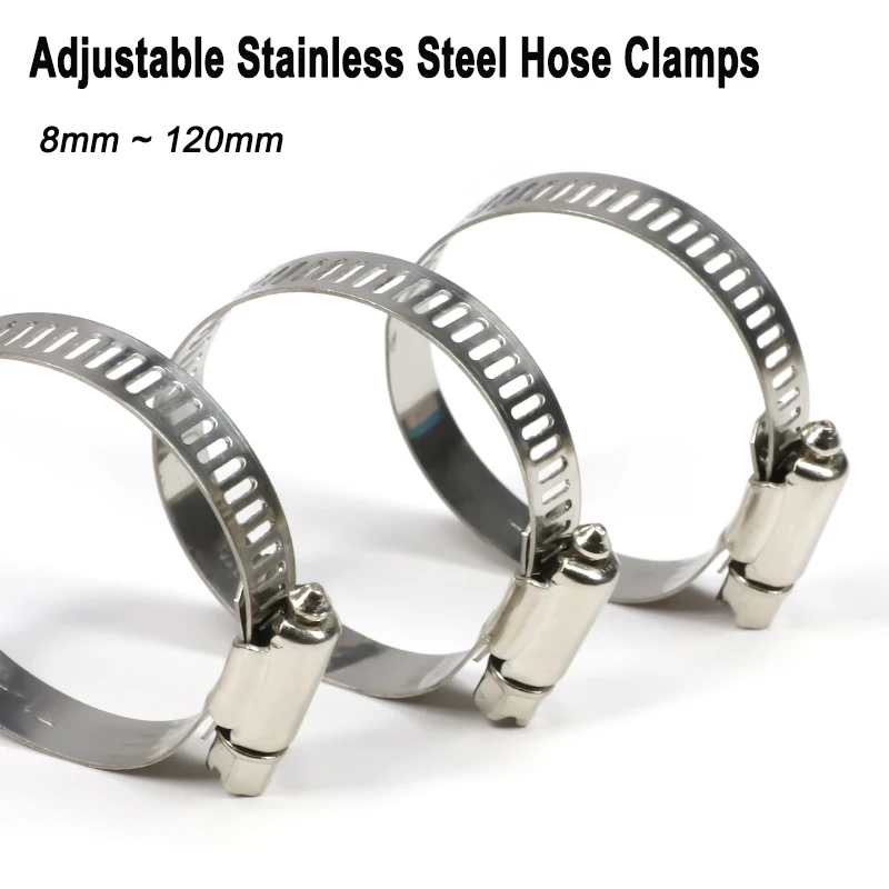 Image of 10 Stück Verstellbare Edelstahl-Schlauchklemmen Durchmesser 8mm ~ 120mm Tri-Gear-Schneckenklemmen für Kraftstoff- und Wasserleitungen mit Federspanner