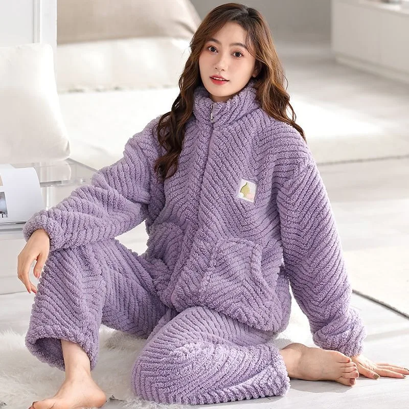 

2024 New Double-Sided Flannel Pajamas Women's Autumn Winter Thickened Fleece Plus Size Sleepwear Coral Fleece Homewear Suit