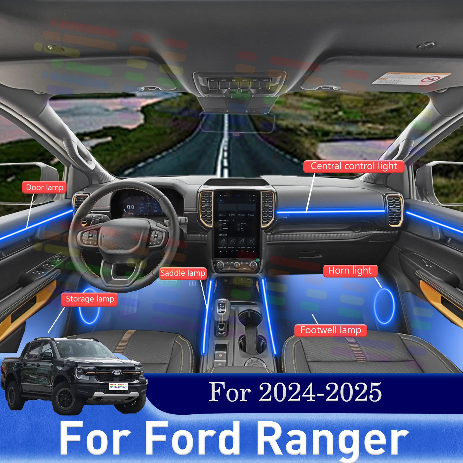 

For Ford Ranger Raptor Car Cabin Ambient LED Lighting Kit with App Control & Built-in Music Rhythm Sensor
