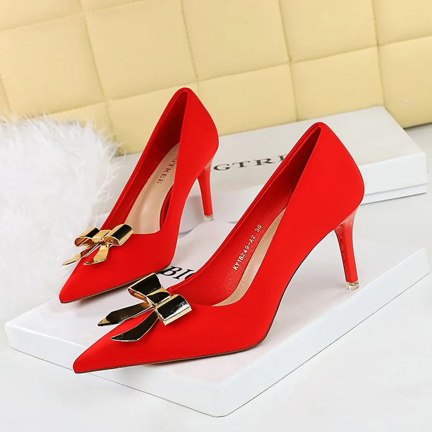 

Korean Style Fashionable Banquet Women's With Thin High Heels Silk Shallow Mouth Pointed Metal Single Women Pumps Ladies Shoes