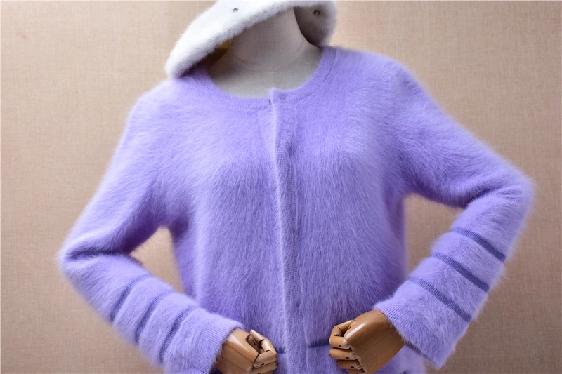 Ladies Women Autumn Winter Fashion Purple Hairy Mink Cashmere Knitted Long Sleeves Medium Long Sweater Jacket Coat Pull Tops