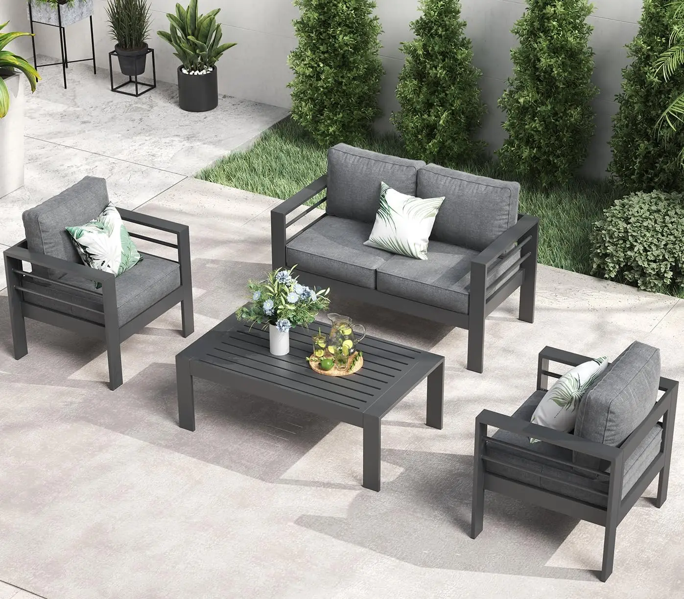 

LayinSun Outdoor Aluminum Furniture Set, 4 Pieces Patio Sectional Conversation Chat Sofa Modern Seating Set with Coffee Table