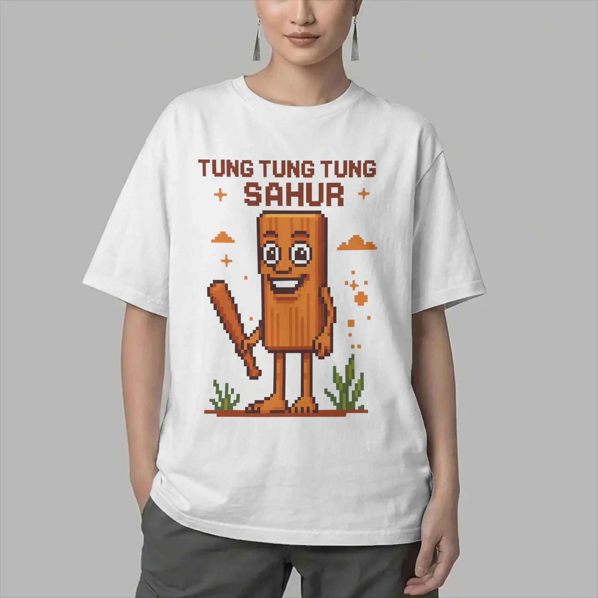 Tung Tung Tung Sahur Italian Brainrot Memes Pixel T-Shirts Men  Vintage Cotton Tees O Neck Short Sleeve T Shirt Gift Clothing