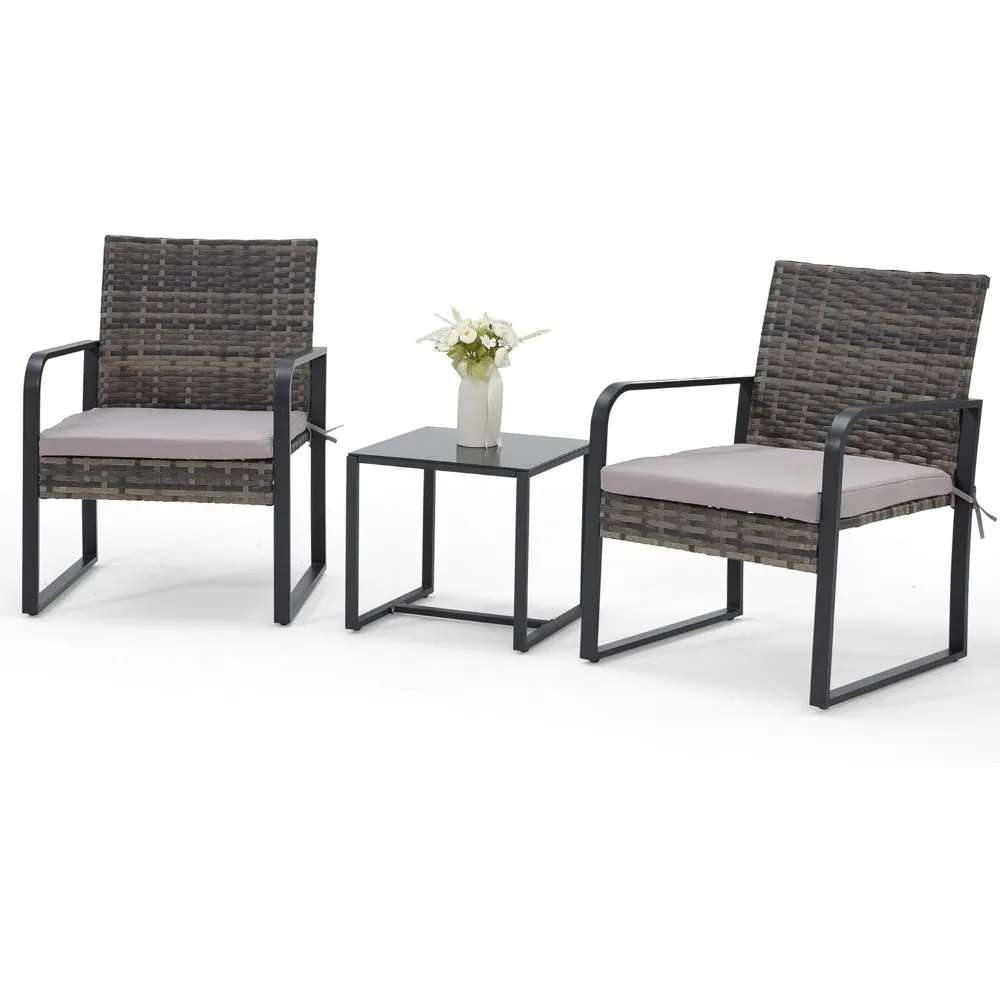 

3 Piece Outdoor Patio Furniture Set, Patio Bistro Set Wicker Conversation Set, Modern Rattan Chair with Glass Coffee Table for
