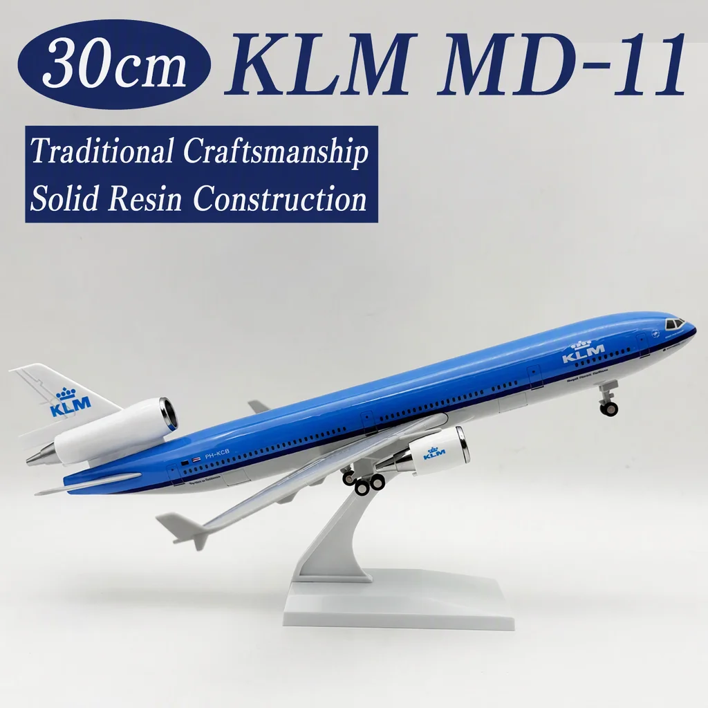 30cm 1/240 Scale Aircraft KLM MD-11 Diecast Resin Airplane Model Kit with Stand Desktop Display Aviation Gift Home Decoration
