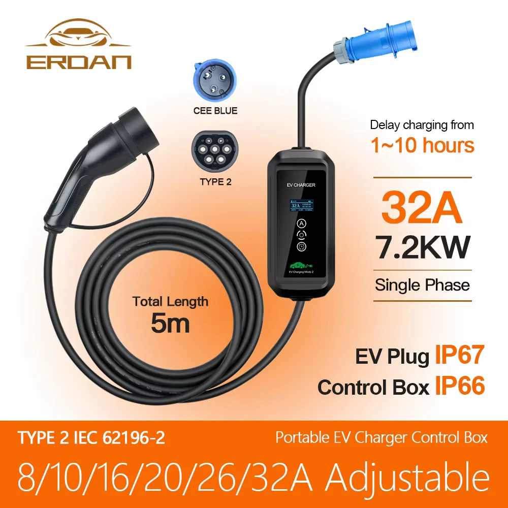 

ERDAN Portable IEC62196-2 EV Charger Wallbox Type2 Cable 32A 7KW EVSE Charging Box Electric Car Charger With CEE Plug