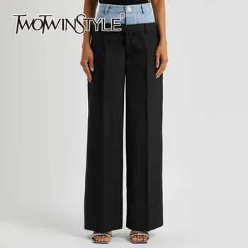 TWOTWurea-Pantalon droit décontracté YLE pour femme, taille haute, patchwork, bouton, jambe large, vêtements féminins de style de mode