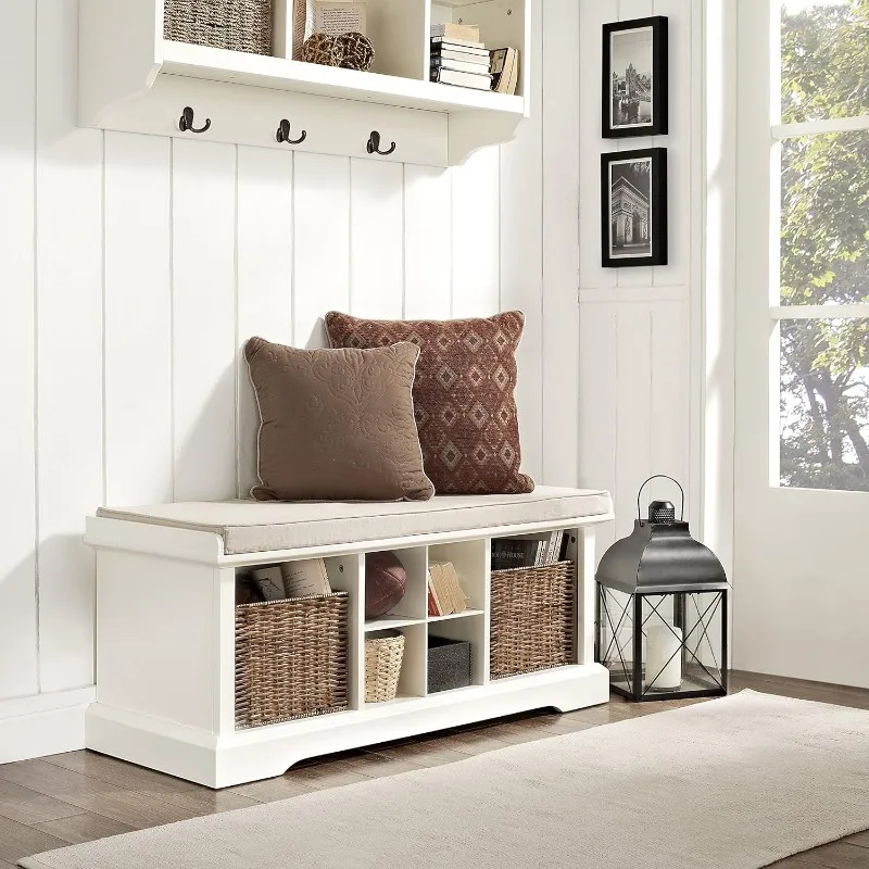 Entryway Storage Bench with Bins and A Shoe Rack Organizer  White Veneer Construction