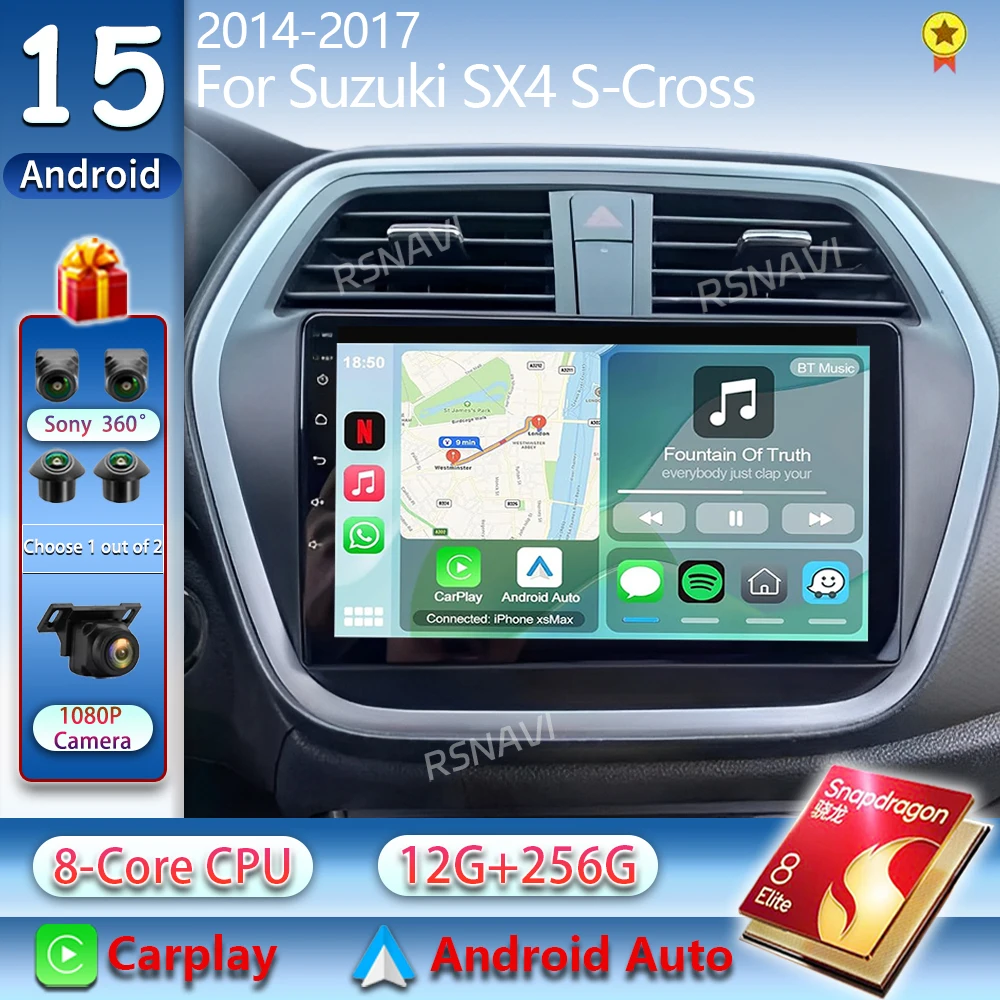 스즈키 SX4-CROSS 2014-2017용 안드로이드 15 WIFI+4G 카 라디오, 카플레이 자동 멀티미디어 비디오 플레이어 GPS 네비게이션 스테레오 헤드 유닛