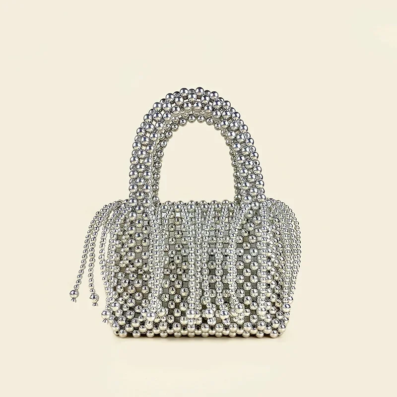 

Meet You Trend Tassel Handwoven Handbag Metal Silver Acrylic Beaded Small Square Bag Female Fashion Party Wedding Evening Bag