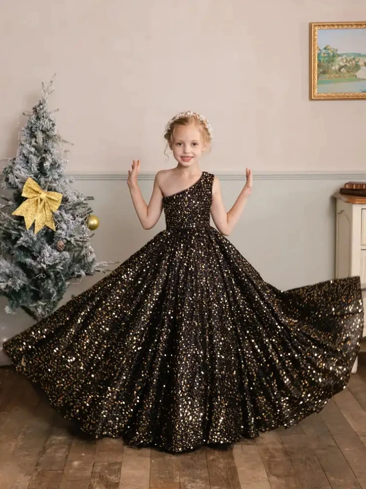 

Black Flower Girl Dresses Puffy Sequin Single Shoulder For Wedding Birthday Party Banquet Princess Gowns