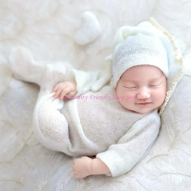 85AE Baby Photography Backdrop Newborn Photoshoot Accessories Long Romper Hat Pillow