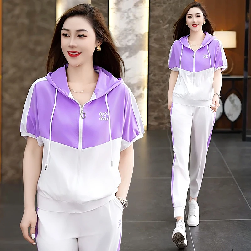 

Летний спортивный костюм для женщин: повседневный, свободный, стройнящий, двухкомпонентный, с цветовым блокированием, удобный, дышащий, футболка