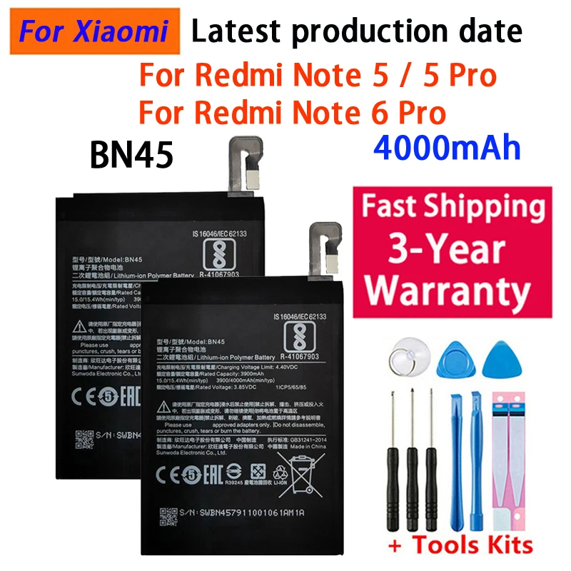 100% Phone Battery for Xiaomi Redmi Note 5 Note5 Note 6 Pro BN45 4000mAh Replacement Batteries Fast Shipping