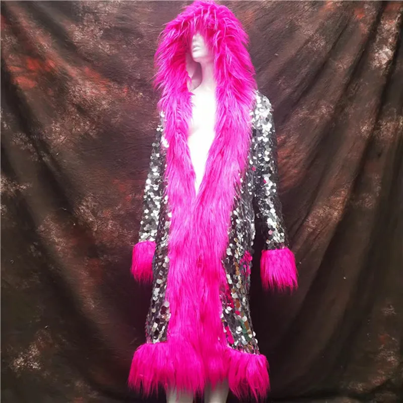 Women Singer Model Star Concert Faux Fur Sequins Cloak Long Overcoat Glitter Stage Show Performance Costume Sequined Coat