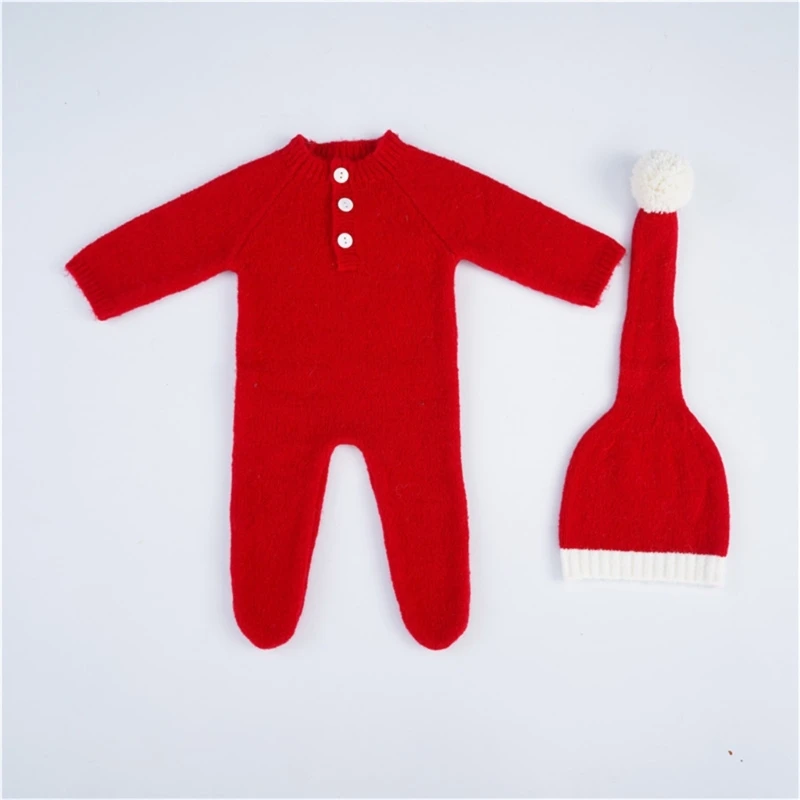 Newborn Photography Props Costume Mohair Christmas Romper+Hat Baby Santa Claus Cosplay Clothes Studio Photo Shooting Accessories