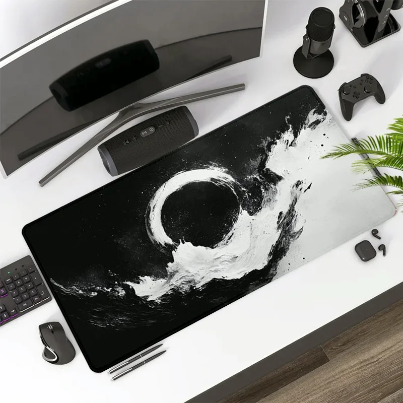 

Large Black and White Wave Gaming PU Leather Mouse Pad Desk Ma for Full Keyboard Coverage Gamer Room Decoration Office Desk Pad