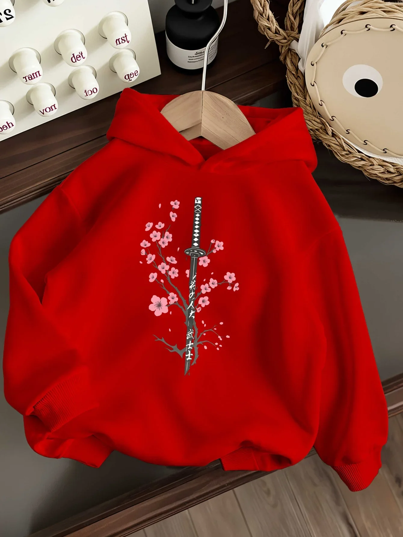 Kids Japanese Samurai Hoodie Cherry Blossom Sword Graphic Print Autumn Winter Fleece Lined Long Sleeve Warm Pullover