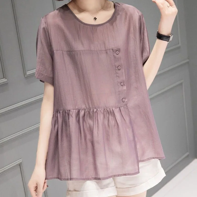 Fashion Spliced Button Folds Irregular Blouse Women\'s Clothing 2023 Summer New Casual Pullovers Loose Asymmetrical Shirt