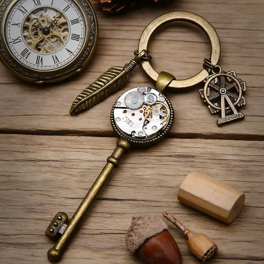 MOCHI Steampunk Time Key Keychain, Retro Brass Mechanical Movement Feather Pendant, Handmade Jewelry Gifts