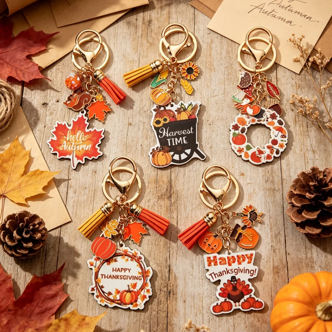 1 Stück Schlüsselanhänger mit Thanksgiving-Motiv, klassischer Truthahn, Ahornblatt, Kürbis, Pilz, Gemüse, handgefertigt, DIY, Retro-Mode, Geschenk für Freunde