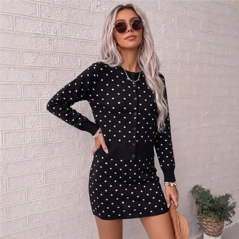 Women Casual Knitted Sweater 2Piece-Set Autumn Winter Dot Print Cardigan Buttons Long Sleeve Sweater High Waist Mini Skirts Suit