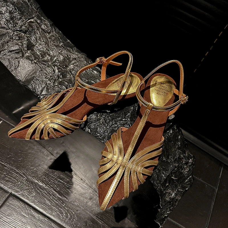 Simple Sandals Women Shoes Narrow Band Sexy Sandals Kitten Heels Pointed Toe Ladies Concise Footwear Summer Golden Shoes