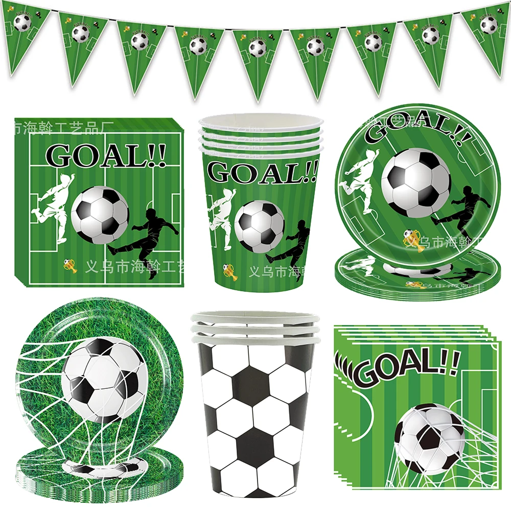 Suministros para fiesta de fútbol, vajilla temática de fútbol, platos, tazas, servilletas, bandera de fútbol, mantel de fútbol, decoración de cumpleaños para fanáticos del fútbol